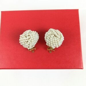 Vintage Love Knot Clip On Earrings Twisted Faux Pearl Clusters Knotted Beaded